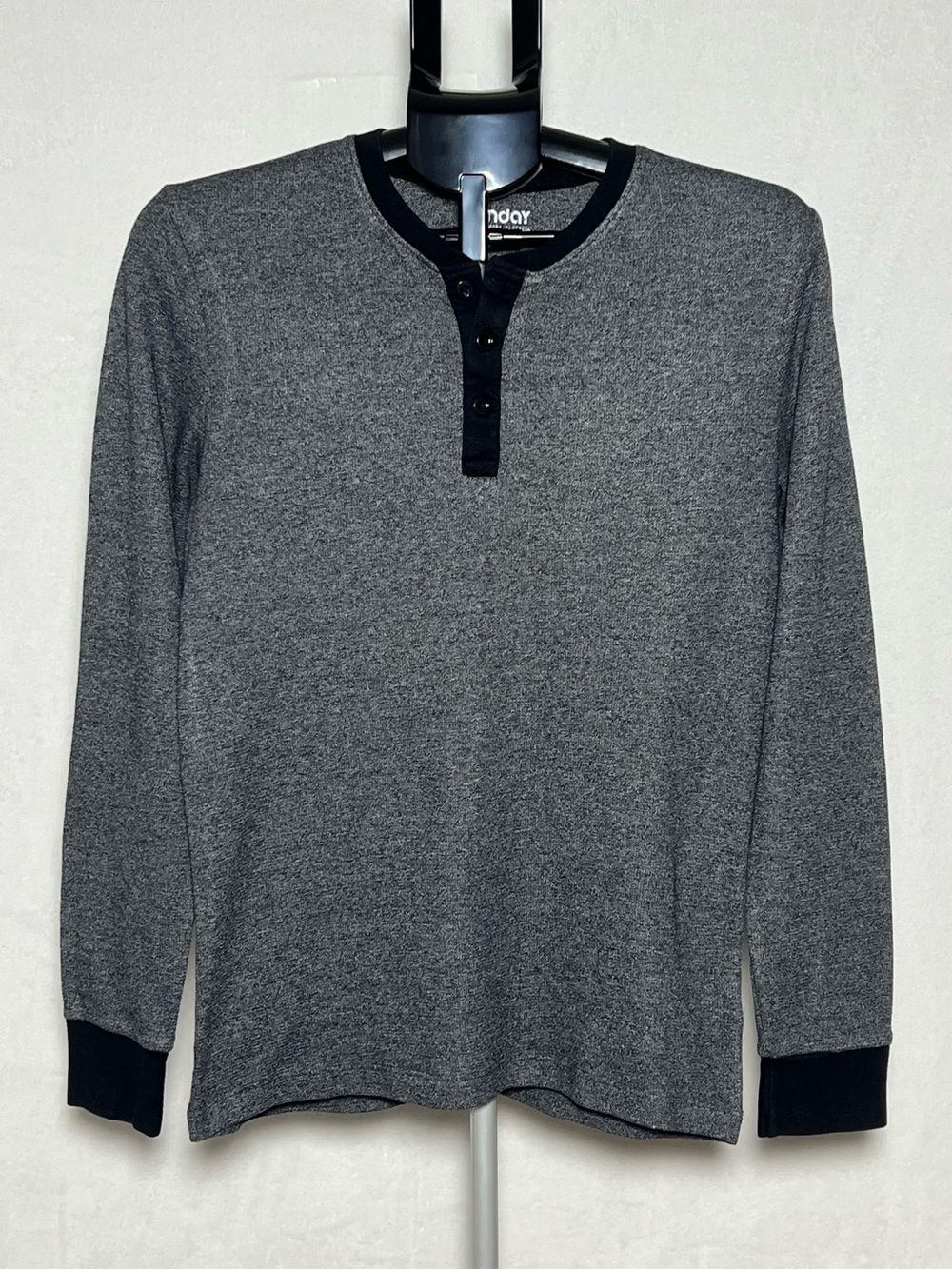 SUNDAY Long Sleeve Fitted Henley Shirt in Charcoal Gray with Black Trim - size M